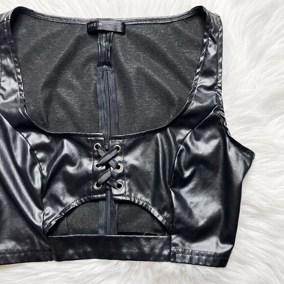 SHEIN Faux Leather Tie Up Cut Out Crop Top Black Size XS - Picture 1 of 6